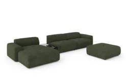 Designer Ecksofa Calm mit Beistellhocker und Beistelltisch in Bouclé