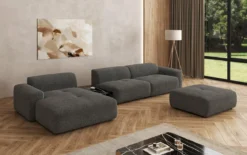 Designer Ecksofa Calm mit Beistellhocker und Beistelltisch in Bouclé