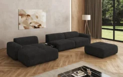 Designer Ecksofa Calm mit Beistellhocker und Beistelltisch in Bouclé
