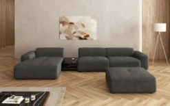 Designer Ecksofa Calm mit Beistellhocker und Beistelltisch in Bouclé