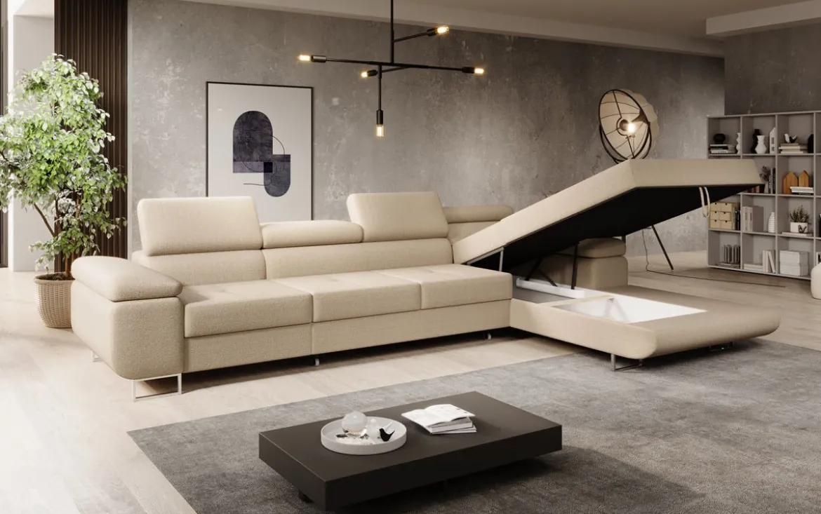 Designer Ecksofa Calvera Maxi mit Schlaf- und Klappfunktion in Bouclé