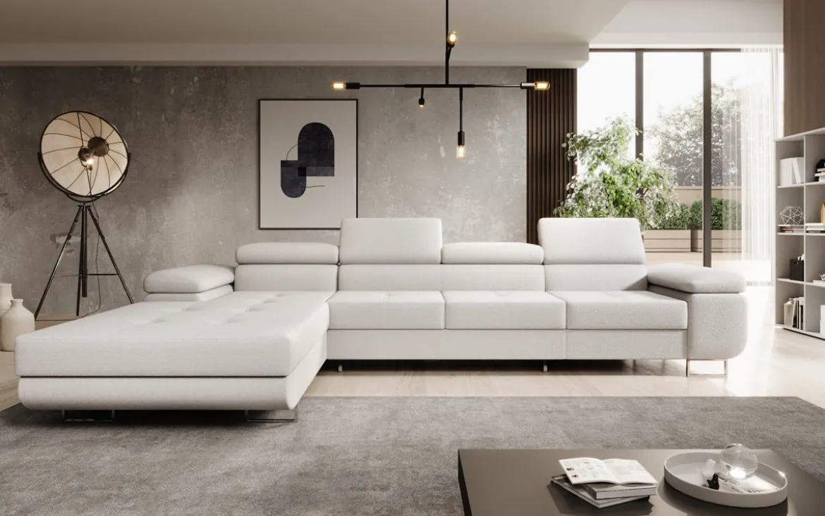 Designer Ecksofa Calvera Maxi mit Schlaf- und Klappfunktion in Bouclé