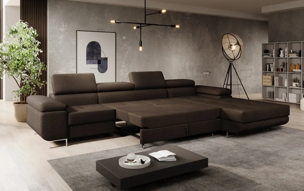 Designer Ecksofa Calvera Maxi mit Schlaf- und Klappfunktion in Bouclé