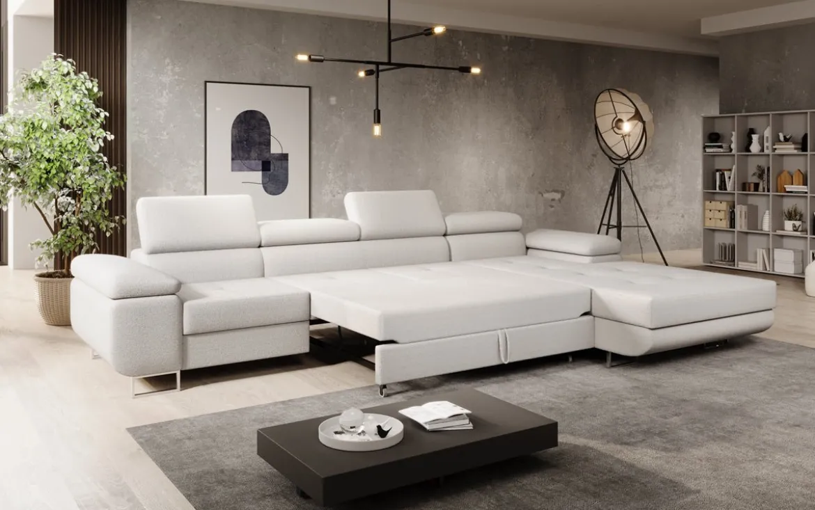 Designer Ecksofa Calvera Maxi mit Schlaf- und Klappfunktion in Bouclé