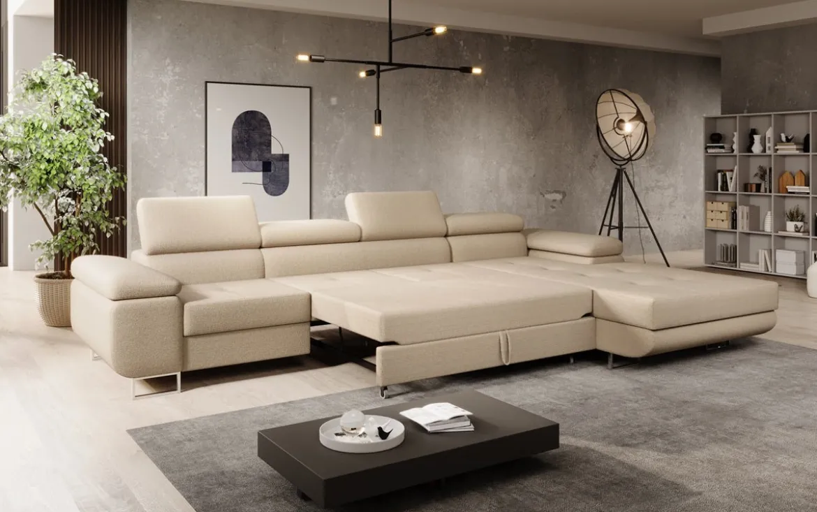 Designer Ecksofa Calvera Maxi mit Schlaf- und Klappfunktion in Bouclé