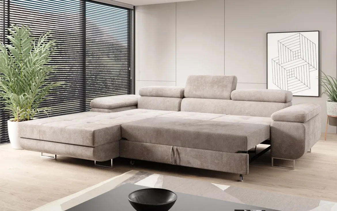 Designer Ecksofa Calvera mit Schlaf- und Klappfunktion in Cord