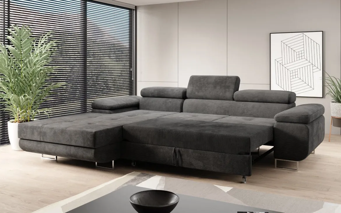 Designer Ecksofa Calvera mit Schlaf- und Klappfunktion in Cord