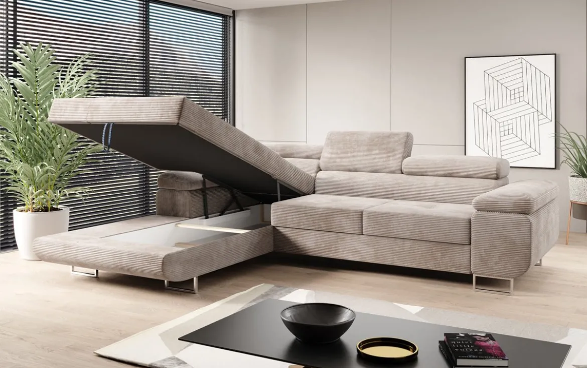 Designer Ecksofa Calvera mit Schlaf- und Klappfunktion in Cord