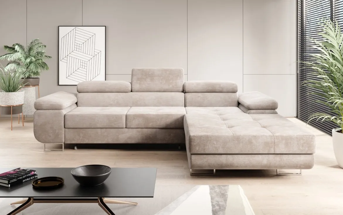 Designer Ecksofa Calvera mit Schlaf- und Klappfunktion in Cord
