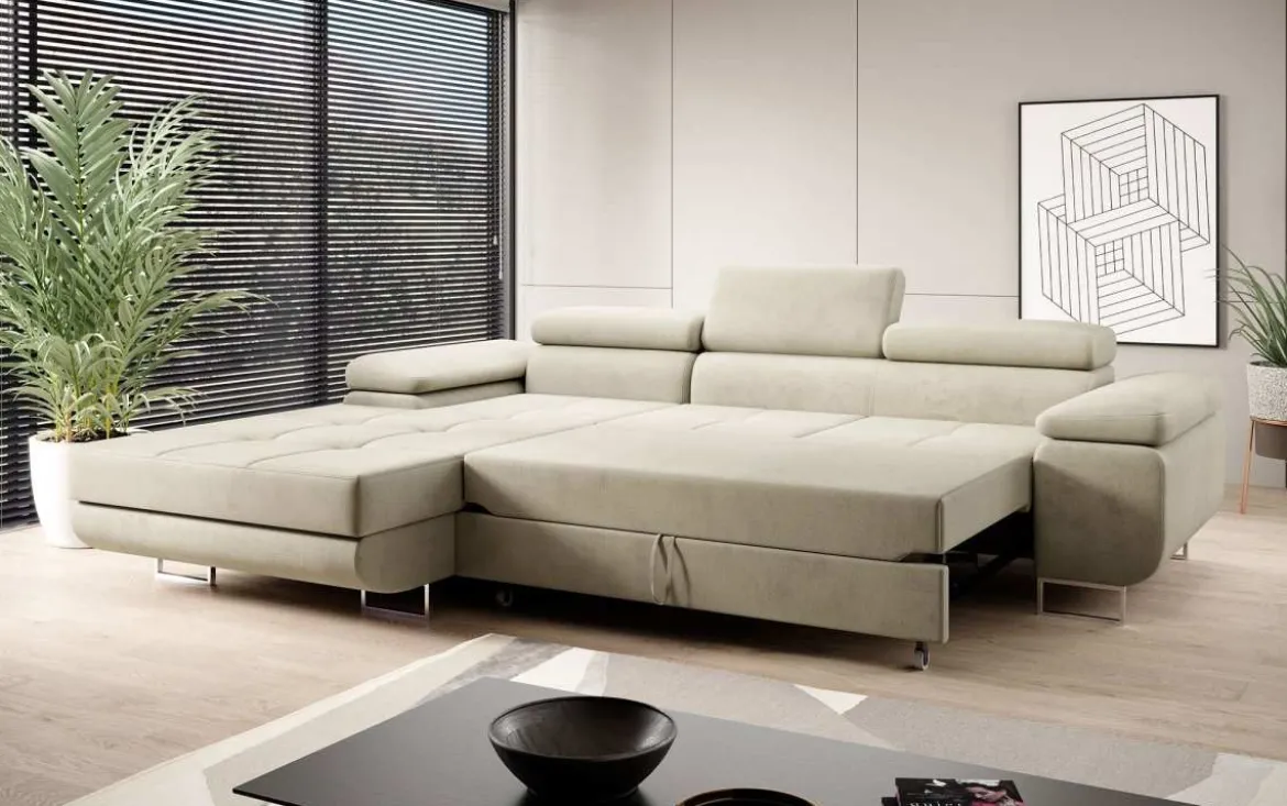 Designer Ecksofa Calvera mit Schlaf- und Klappfunktion in Samt