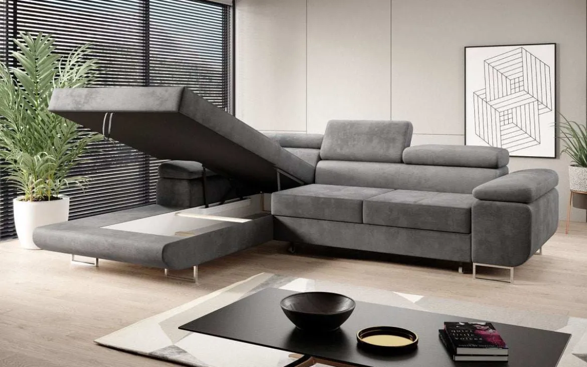 Designer Ecksofa Calvera mit Schlaf- und Klappfunktion in Samt