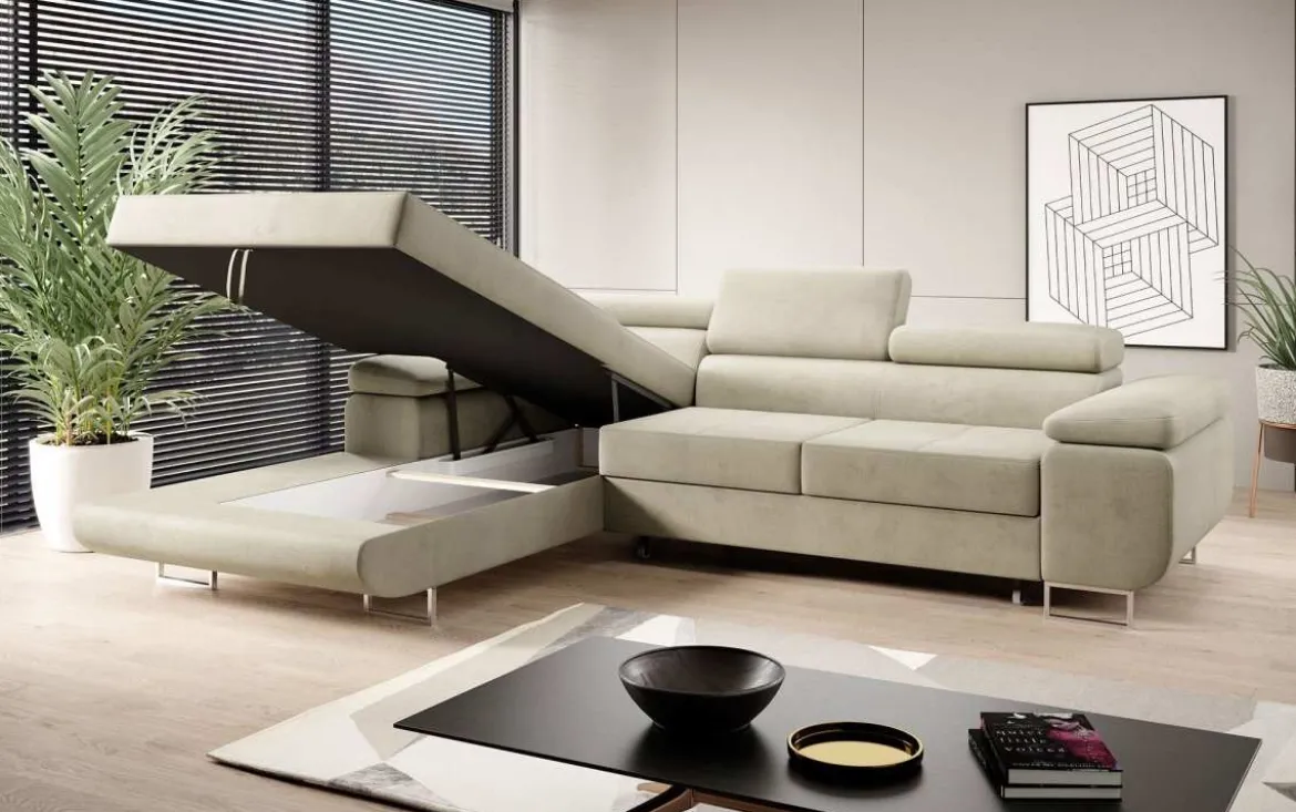 Designer Ecksofa Calvera mit Schlaf- und Klappfunktion in Samt