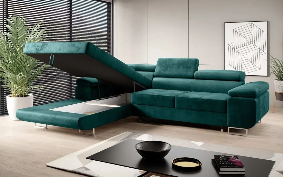 Designer Ecksofa Calvera mit Schlaf- und Klappfunktion in Samt