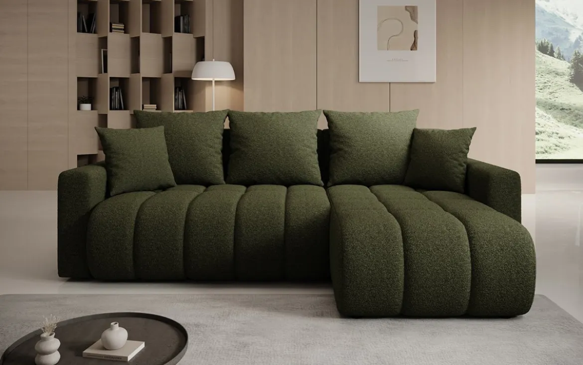 Designer Ecksofa Giulio mit Schlaf- und Klappfunktion in Bouclé