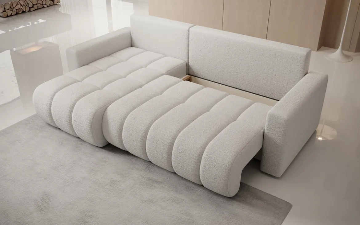 Designer Ecksofa Giulio mit Schlaf- und Klappfunktion in Bouclé
