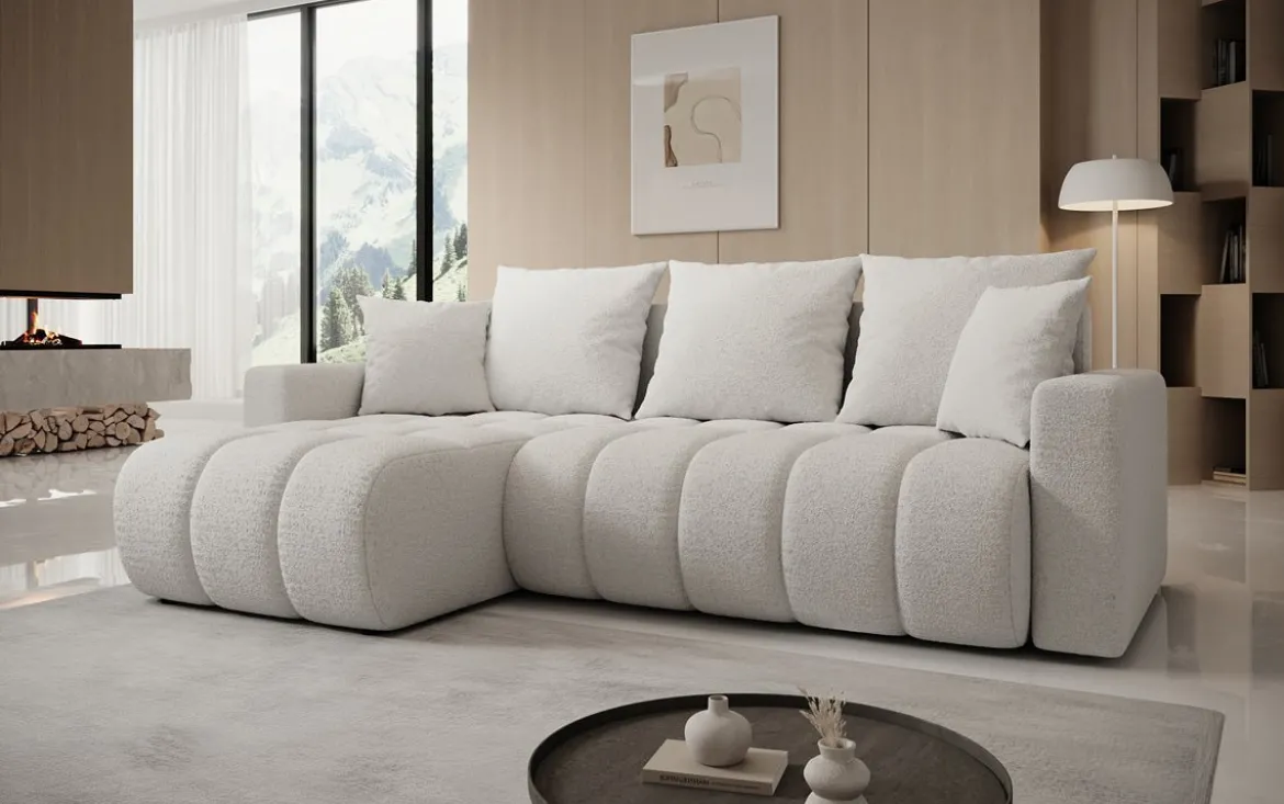 Designer Ecksofa Giulio mit Schlaf- und Klappfunktion in Bouclé