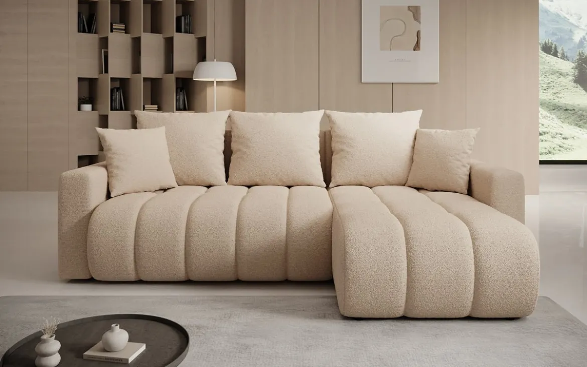 Designer Ecksofa Giulio mit Schlaf- und Klappfunktion in Bouclé