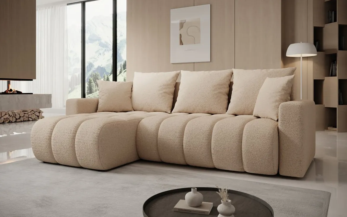 Designer Ecksofa Giulio mit Schlaf- und Klappfunktion in Bouclé
