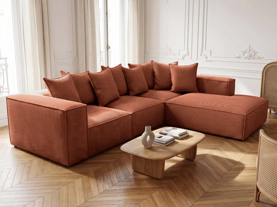 Designer Ecksofa Largo mit langer Ottomane in Cord