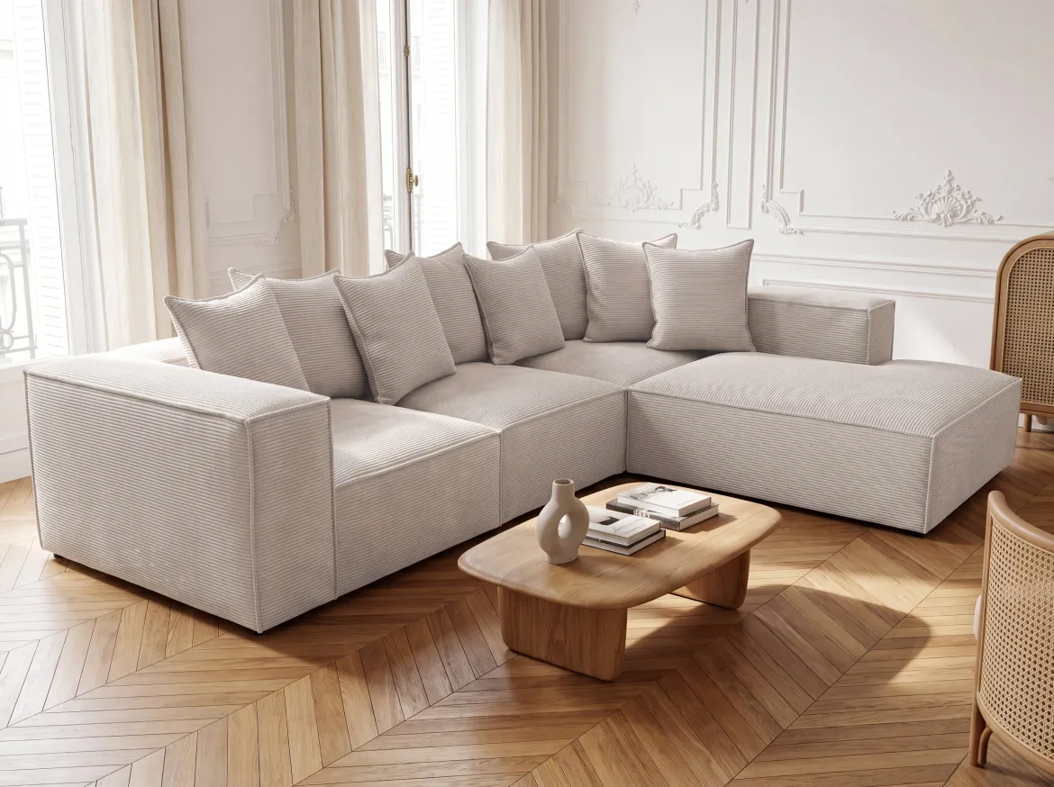 Designer Ecksofa Largo mit langer Ottomane in Cord