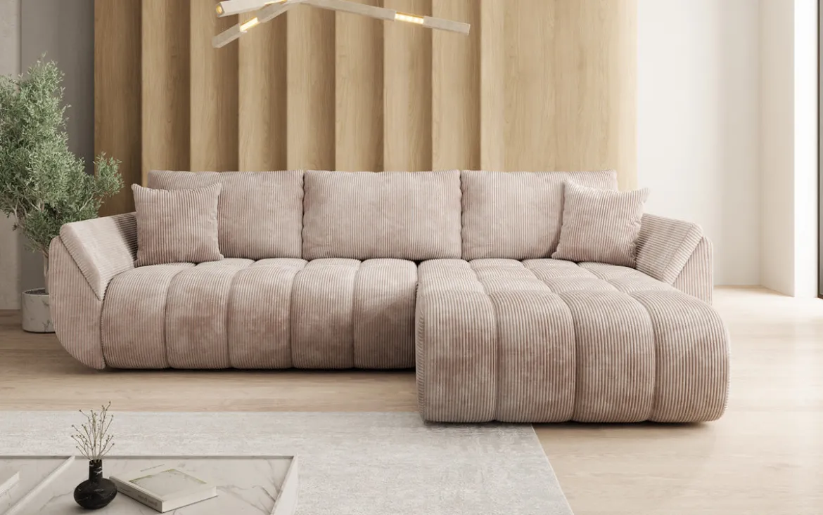 Designer Ecksofa Lenoa mit Schlaffunktion und Stauraum in Cord
