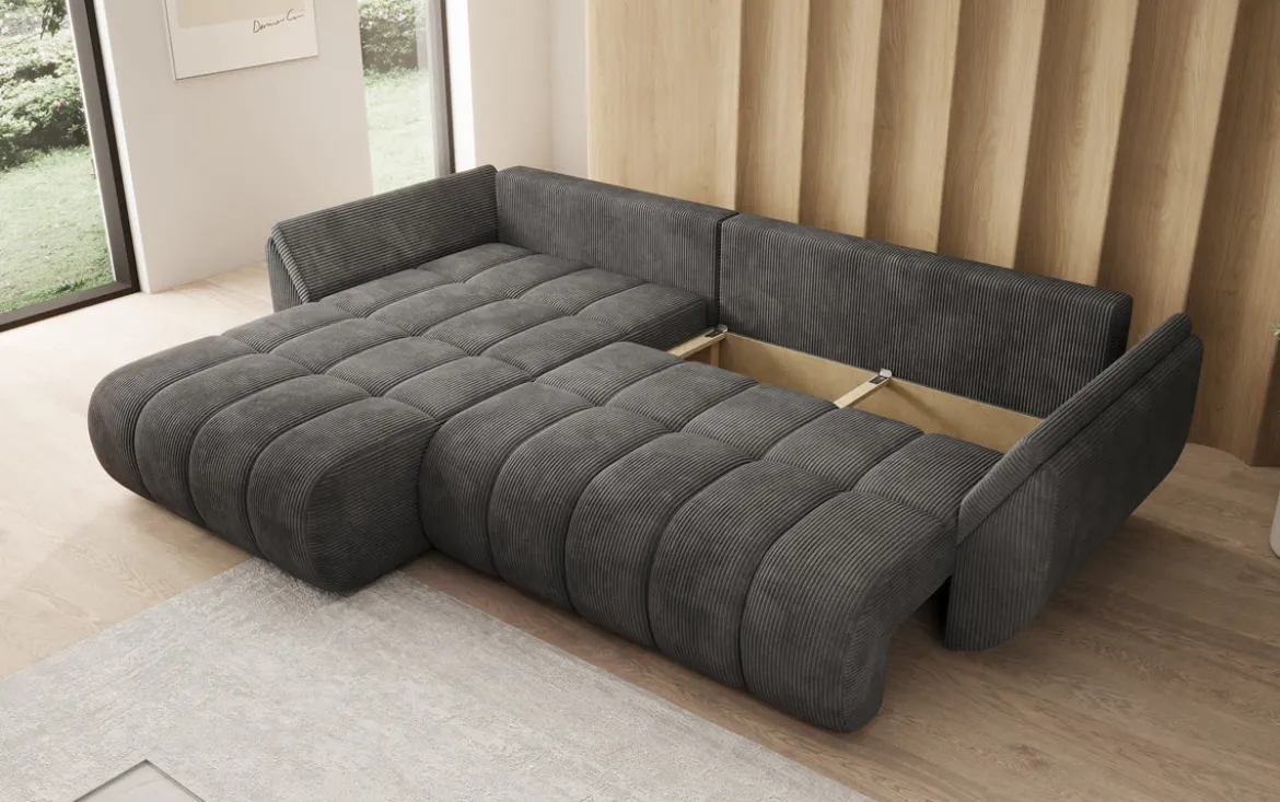 Designer Ecksofa Lenoa mit Schlaffunktion und Stauraum in Cord