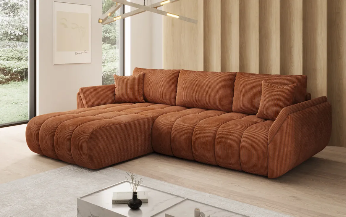 Designer Ecksofa Lenoa mit Schlaffunktion und Stauraum in Cord