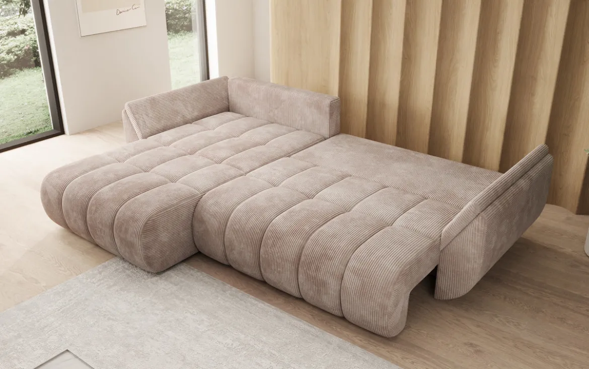 Designer Ecksofa Lenoa mit Schlaffunktion und Stauraum in Cord
