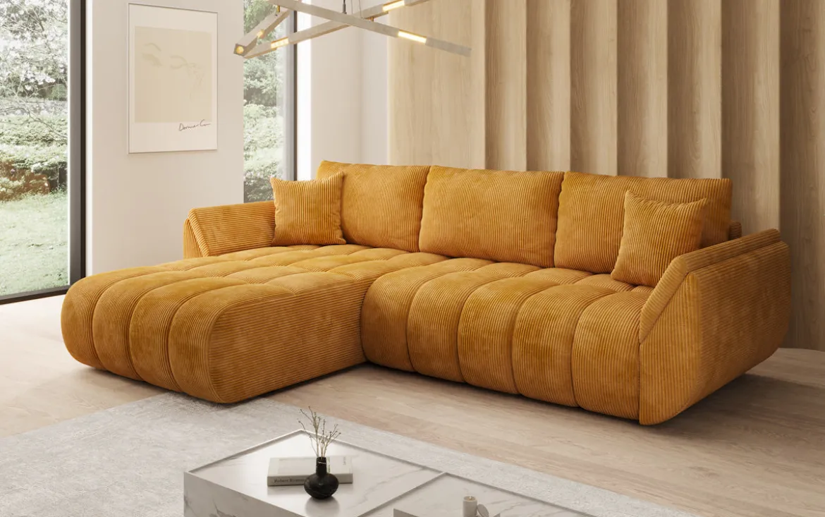 Designer Ecksofa Lenoa mit Schlaffunktion und Stauraum in Cord