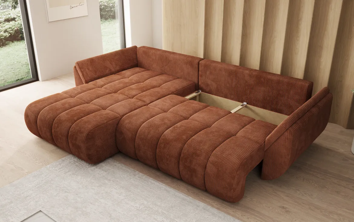Designer Ecksofa Lenoa mit Schlaffunktion und Stauraum in Cord