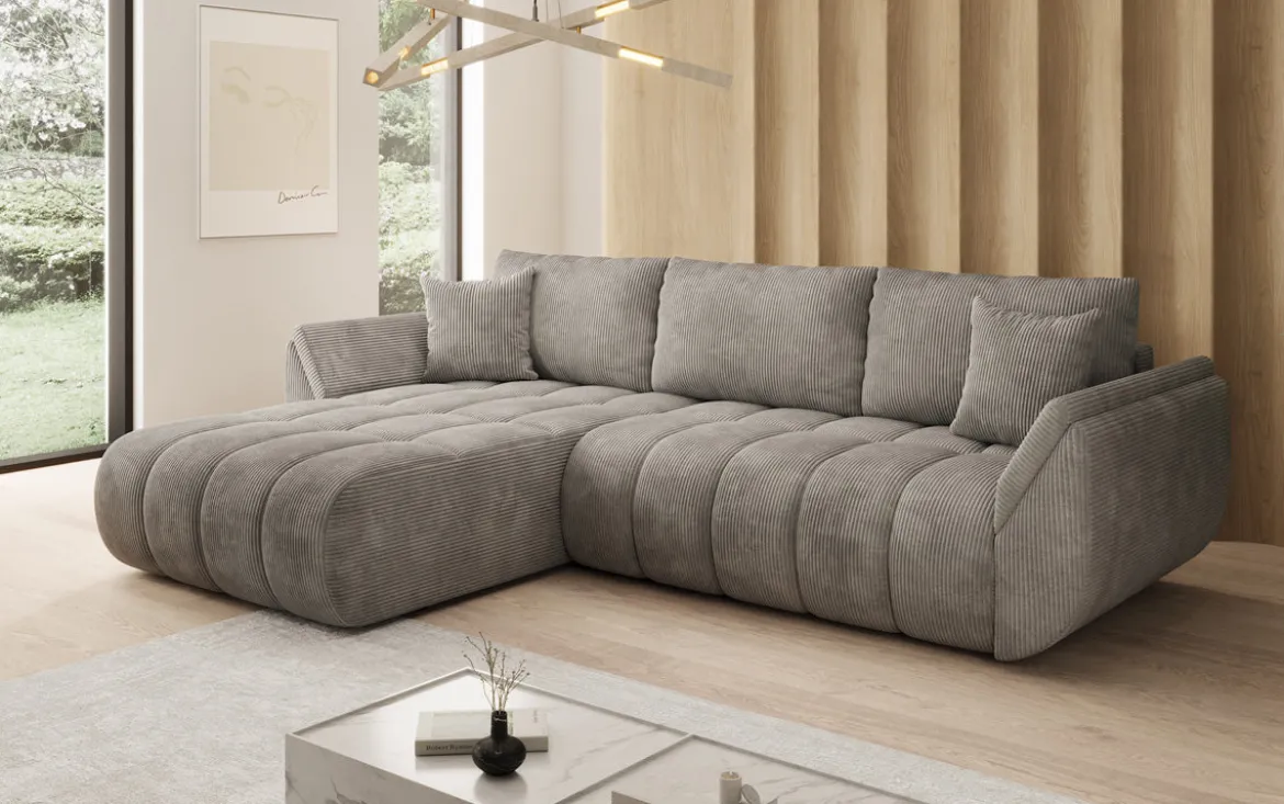 Designer Ecksofa Lenoa mit Schlaffunktion und Stauraum in Cord