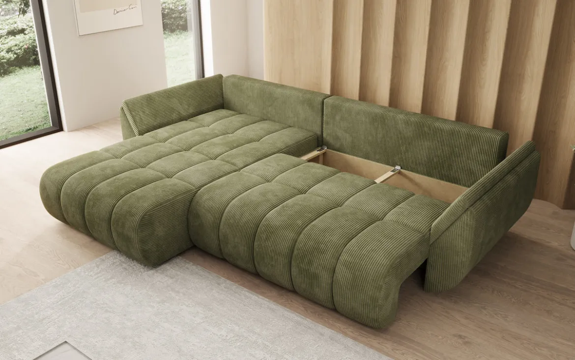Designer Ecksofa Lenoa mit Schlaffunktion und Stauraum in Cord
