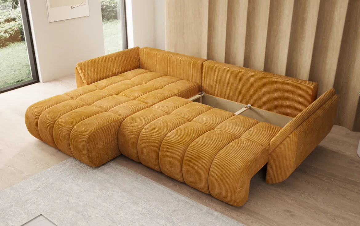 Designer Ecksofa Lenoa mit Schlaffunktion und Stauraum in Cord