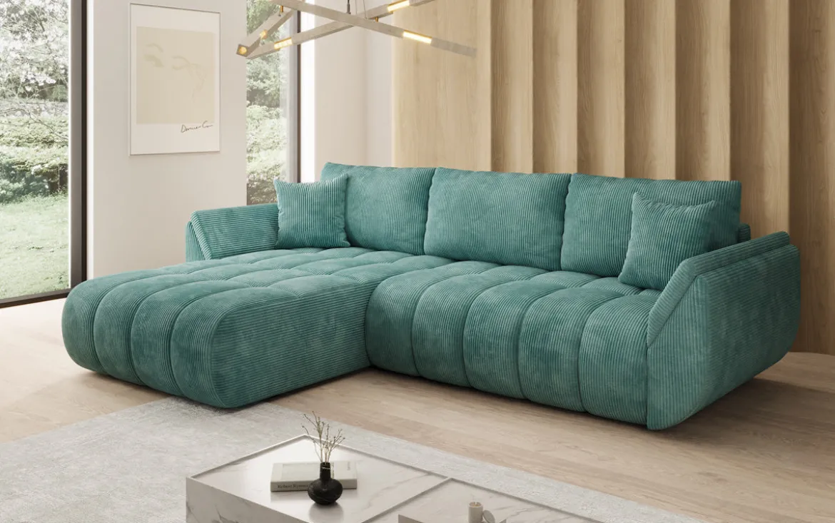 Designer Ecksofa Lenoa mit Schlaffunktion und Stauraum in Cord