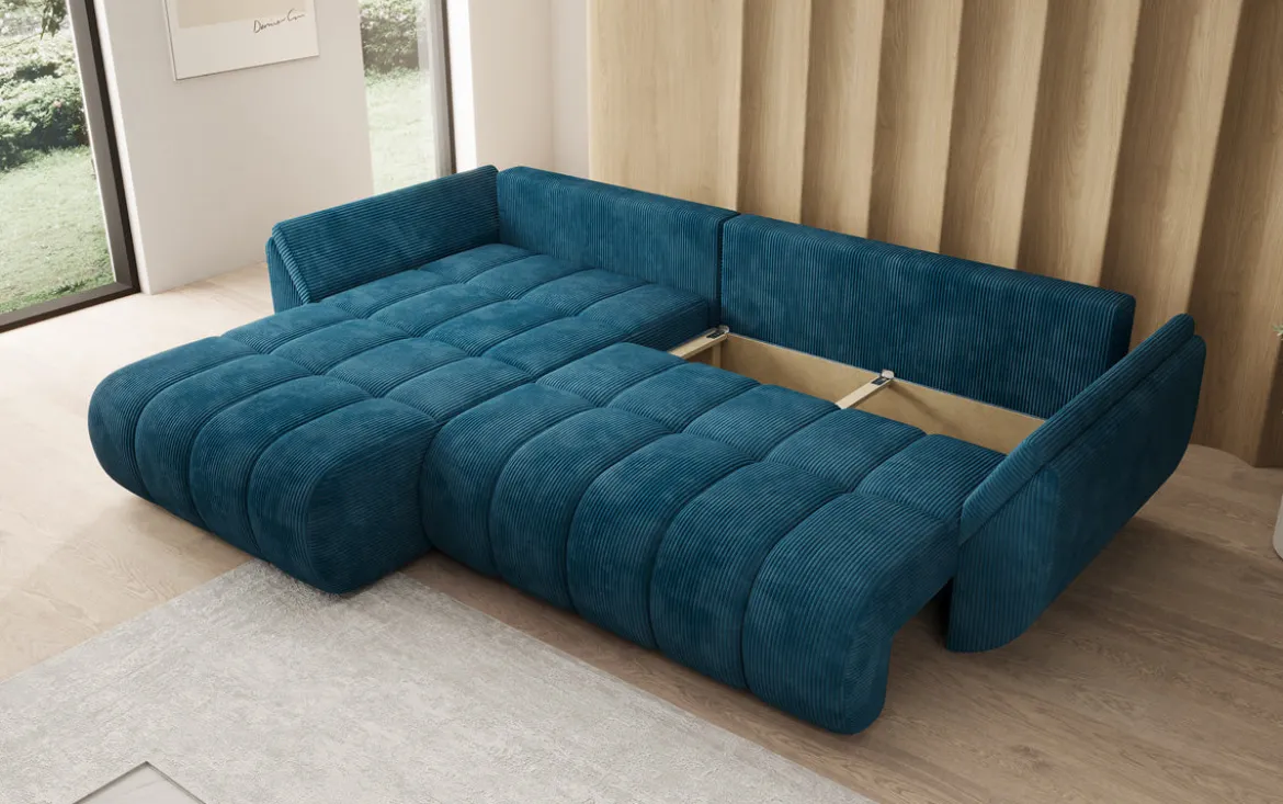 Designer Ecksofa Lenoa mit Schlaffunktion und Stauraum in Cord