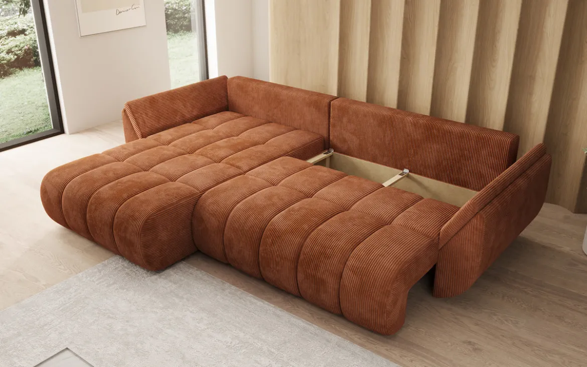 Designer Ecksofa Lenoa mit Schlaffunktion und Stauraum in Cord