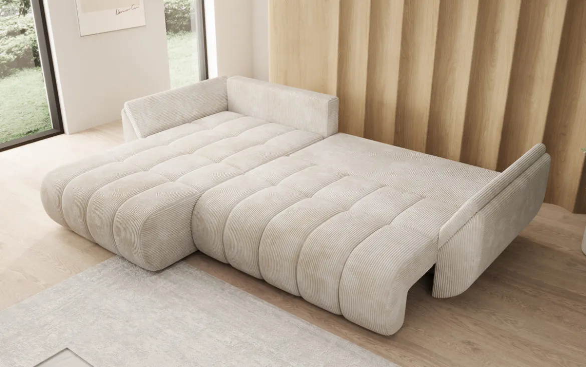 Designer Ecksofa Lenoa mit Schlaffunktion und Stauraum in Cord
