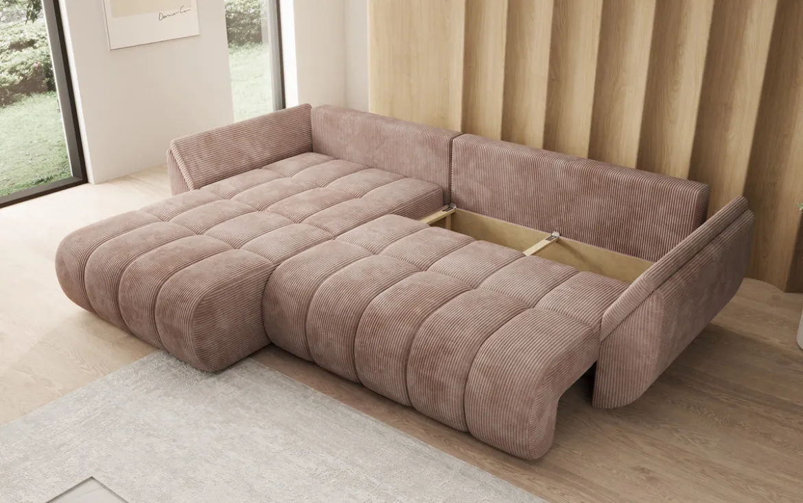 Designer Ecksofa Lenoa mit Schlaffunktion und Stauraum in Cord