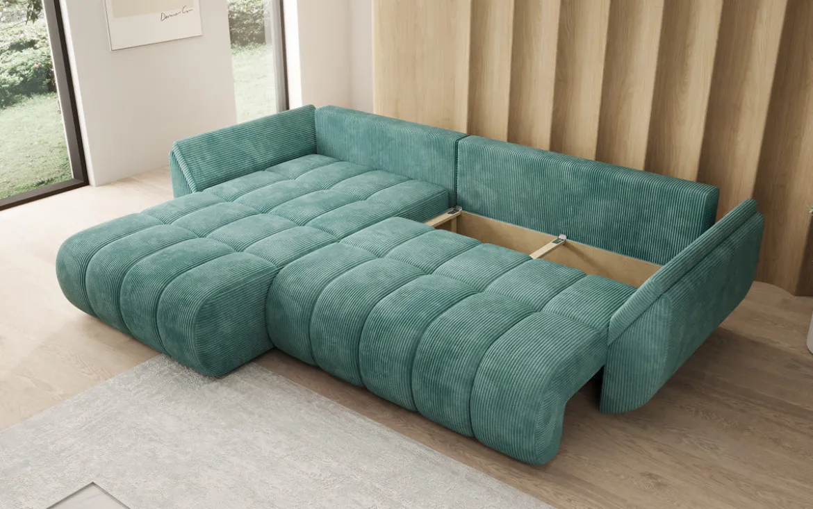 Designer Ecksofa Lenoa mit Schlaffunktion und Stauraum in Cord