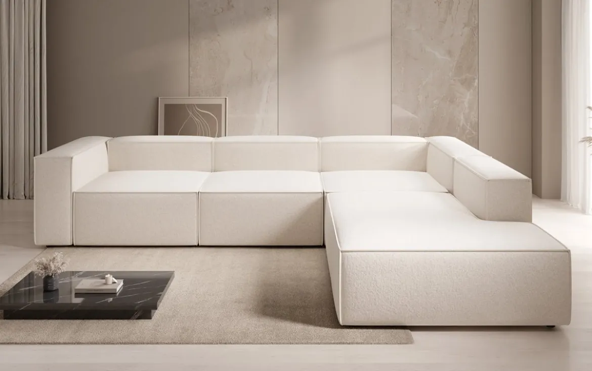 Designer Ecksofa Lesley mit langer Ottomane in Strukturstoff