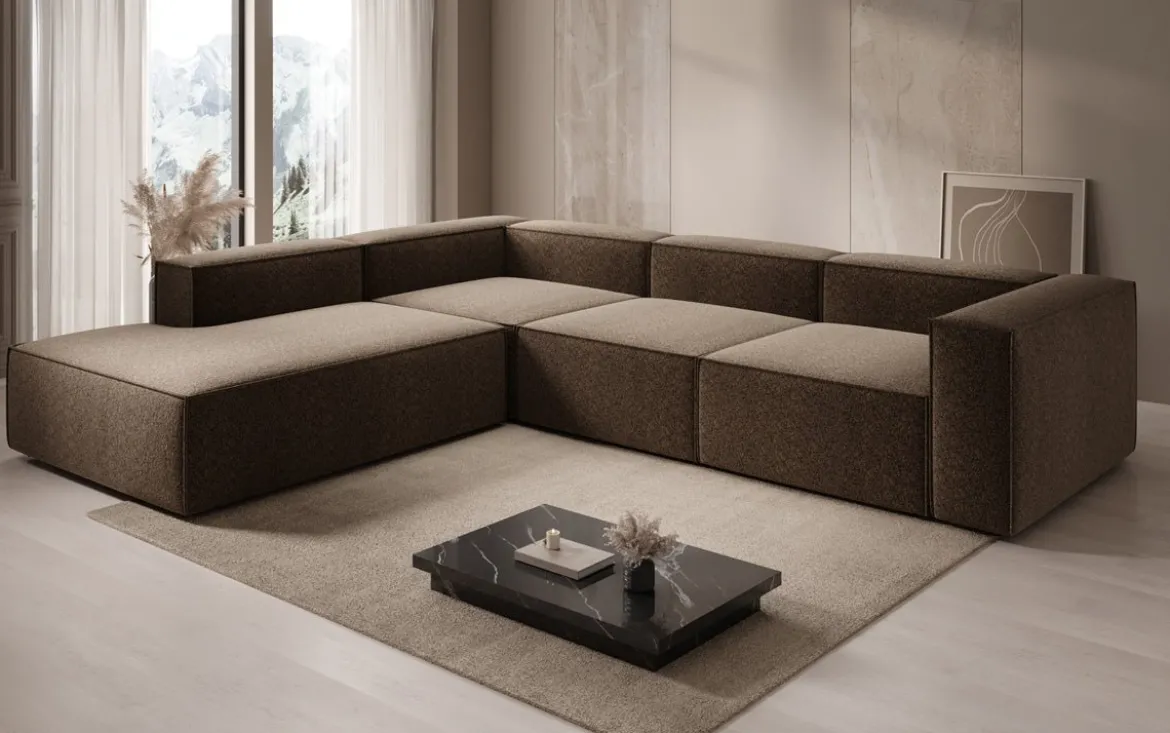 Designer Ecksofa Lesley mit langer Ottomane in Strukturstoff