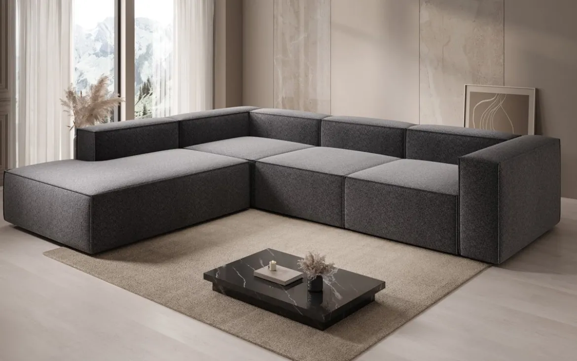 Designer Ecksofa Lesley mit langer Ottomane in Strukturstoff