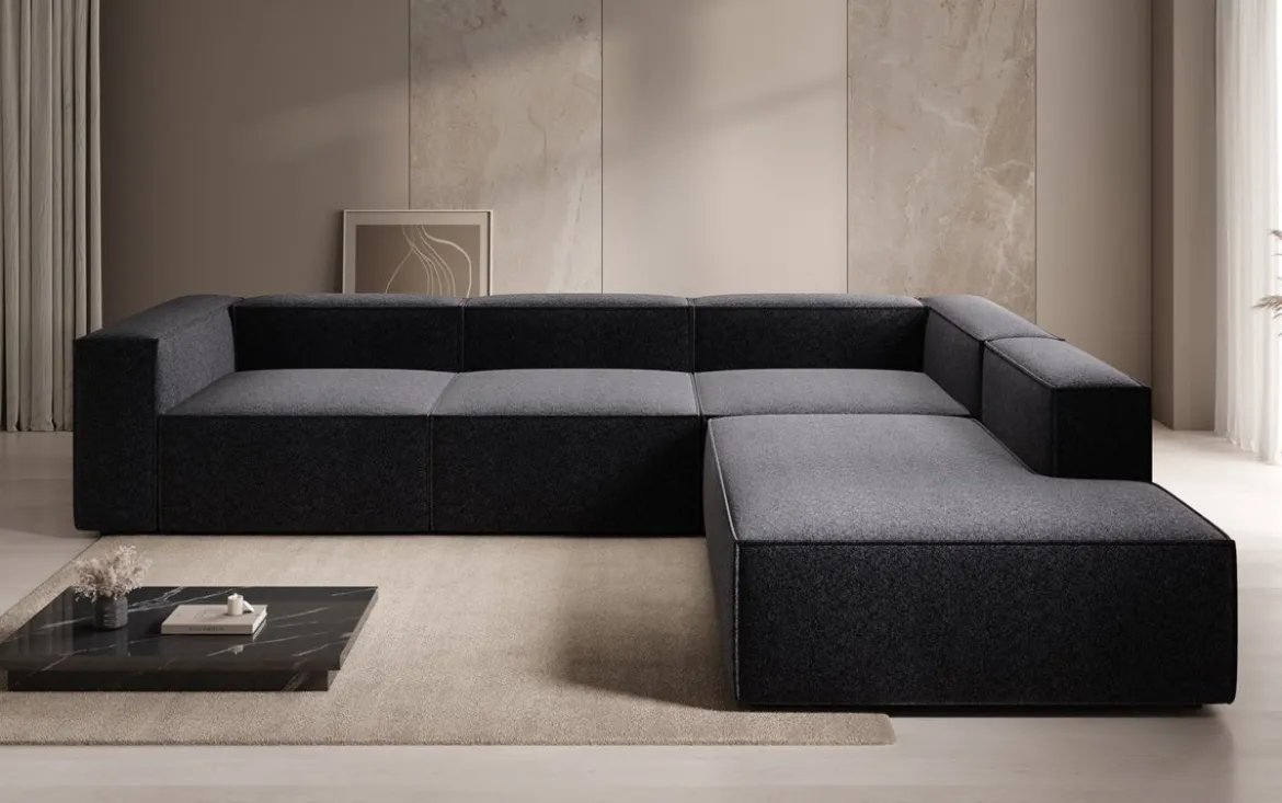 Designer Ecksofa Lesley mit langer Ottomane in Strukturstoff