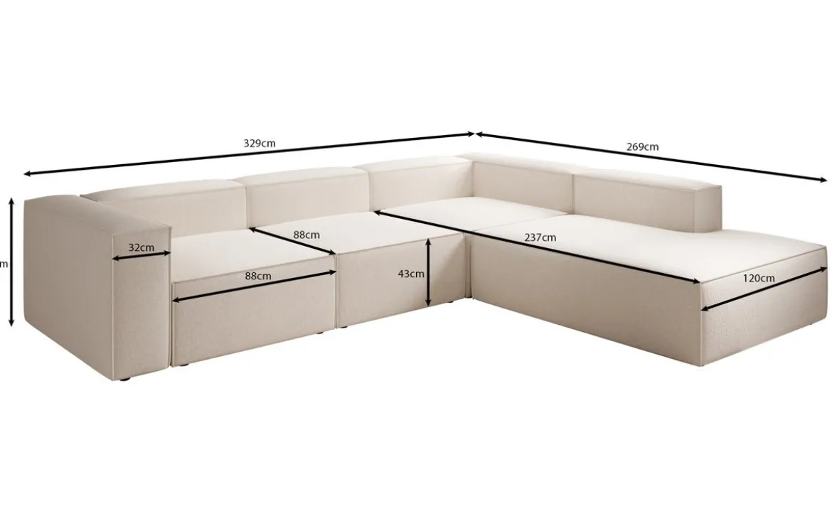Designer Ecksofa Lesley mit langer Ottomane in Strukturstoff
