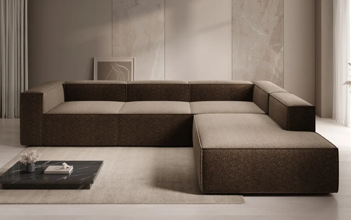 Designer Ecksofa Lesley mit langer Ottomane in Strukturstoff
