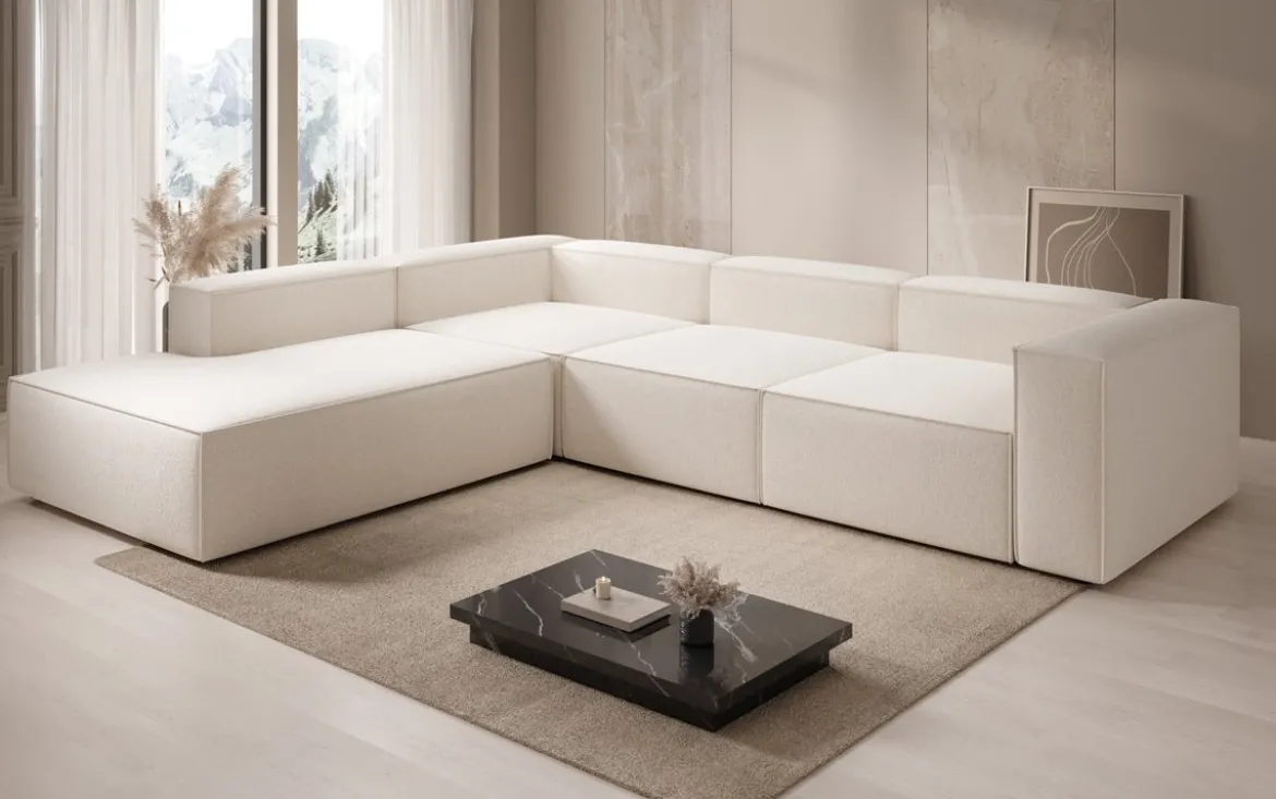 Designer Ecksofa Lesley mit langer Ottomane in Strukturstoff