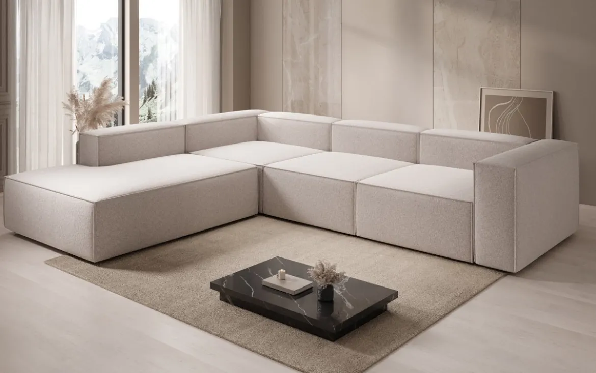 Designer Ecksofa Lesley mit langer Ottomane in Strukturstoff