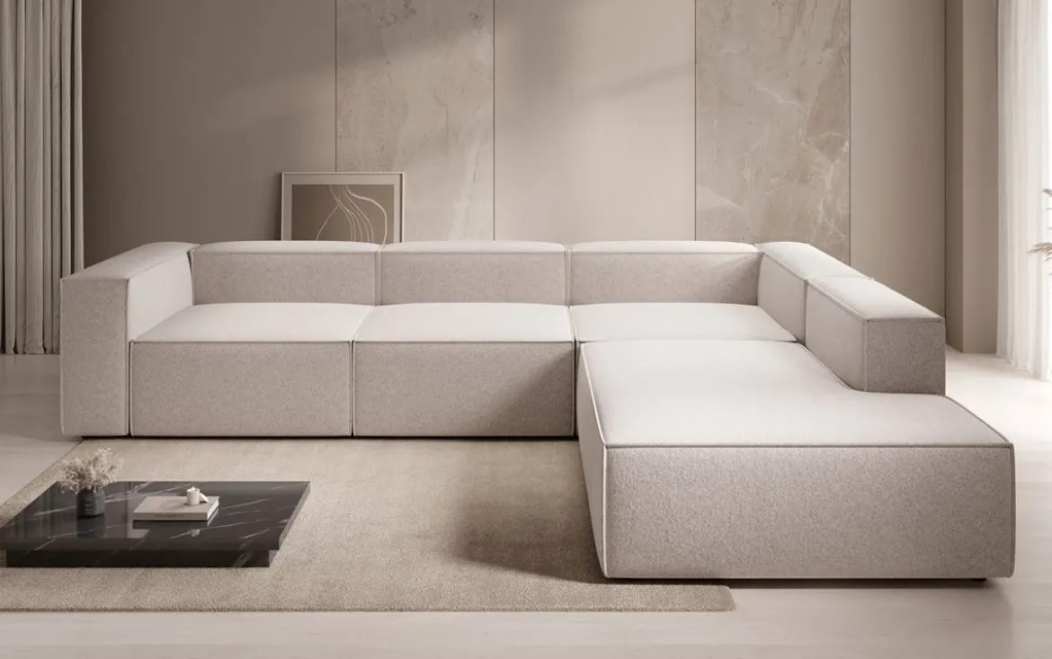 Designer Ecksofa Lesley mit langer Ottomane in Strukturstoff
