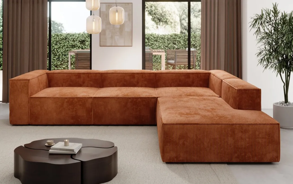 Designer Ecksofa Lesley mit langer Ottomane in Cord
