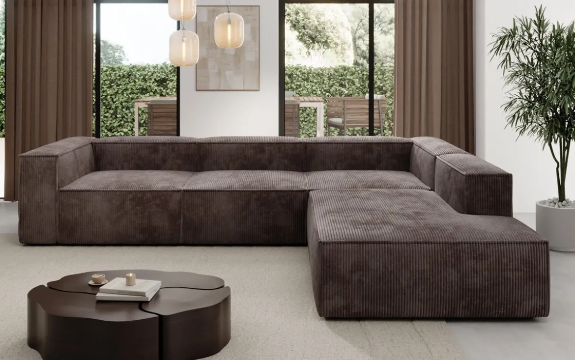 Designer Ecksofa Lesley mit langer Ottomane in Cord